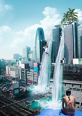 PSD 편집이미지 여자 남자 여행 성인 두명 건물 옆모습 뒷모습 여름휴가 바캉스 폭포 도시 이미지편집 건축물 뷰포인트 자연 휴가 사람 파일형식 여름_계절