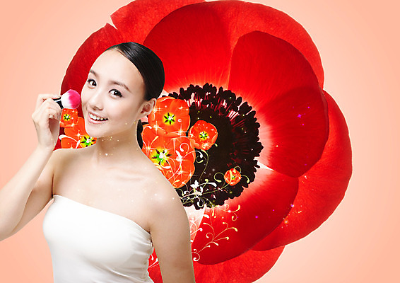 PSD 외국인 편집이미지 여자 꽃 한명 미소 들기 상반신 20대 앞모습 뷰티 중국인 메이크업브러쉬 여자만 성인여자한명만 이미지편집 식물 1 뷰포인트 모션 표정 사람 동양인 인종 청년 붓 여자한명만 성인여자만 파일형식