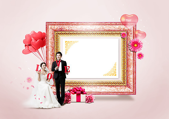 전신 PSD 편집이미지 커플 여자 남자 꽃 웨딩드레스 액자 프레임 사랑 서기 미소 앉기 성인 두명 앞모습 선물상자 한국인 하트 성인만 이미지편집 모양 식물 드레스 감정 뷰포인트 관계 모션 표정 선물 사람 동양인 상자 파일형식
