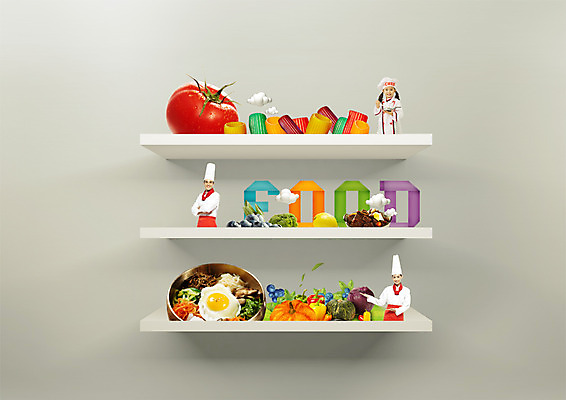 PSD 편집이미지 여자 남자 어린이 음식 토마토 서기 상반신 성인 앞모습 세명 한국인 비빔밥 마카로니 이미지편집 한식 뷰포인트 채소 모션 사람 동양인 파스타면 파일형식