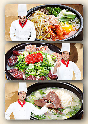 PSD 편집이미지 남자 음식 서기 상반신 성인 앞모습 세명 한국인 설렁탕 순대국밥 콩나물국밥 성인남자만 이미지편집 한식 뷰포인트 모션 사람 동양인 탕 국밥 남자만 성인만 파일형식