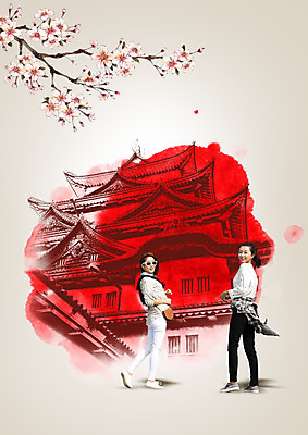 전신 PSD 편집이미지 여자 서기 미소 두명 옆모습 친구 일본 한국인 벚꽃 성인여자만 이미지편집 꽃 아시아 뷰포인트 관계 모션 표정 사람 동양인 여자만 성인만 파일형식