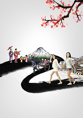 전신 PSD 편집이미지 여자 남자 어린이 여행 서기 여러명 성인 걷기 일본 한국인 기모노 후지산 인력거 이미지편집 아시아 다수 모션 산 사람 동양인 세계문화유산 일본전통의상 파일형식