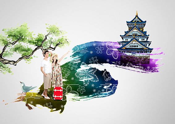 전신 PSD 서양인 편집이미지 여자 남자 여행 서기 성인 두명 앞모습 여행가방 일본 성인만 이미지편집 외국인 아시아 뷰포인트 가방 모션 사람 파일형식