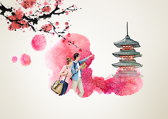 PSD 서양인 편집이미지 커플 여자 남자 여행 상반신 성인 두명 옆모습 걷기 일본 벚꽃 성인만 이미지편집 외국인 꽃 아시아 뷰포인트 관계 모션 사람 파일형식