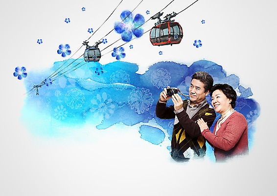 PSD 편집이미지 여자 남자 중년 여행 서기 미소 들기 상반신 카메라 일본 사진촬영 한국인 중년부부 케이블카 중년만 이미지편집 부부 아시아 모션 표정 사람 동양인 성인 전자제품 촬영 성인만 파일형식