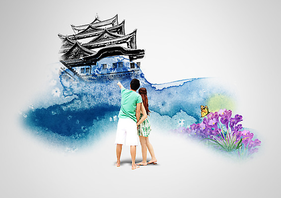 전신 PSD 편집이미지 커플 여자 남자 여행 서기 성인 두명 뒷모습 일본 성인만 이미지편집 아시아 뷰포인트 관계 모션 사람 파일형식