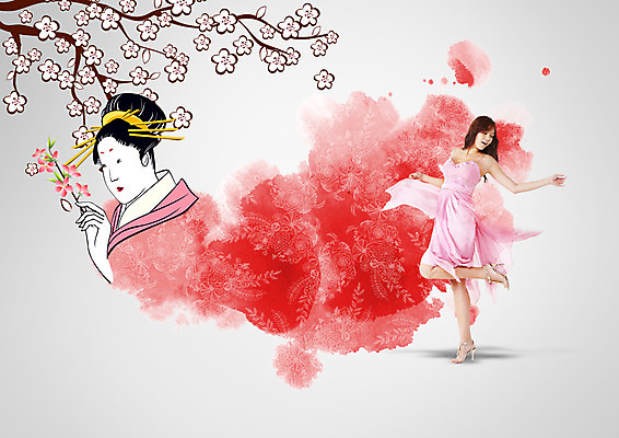 전신 PSD 편집이미지 여자 분홍색 서기 상반신 성인 두명 옆모습 일본 한국인 벚꽃 기모노 성인여자만 이미지편집 꽃 아시아 뷰포인트 컬러 모션 사람 동양인 일본전통의상 여자만 성인만 파일형식