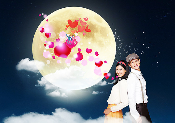 PSD 서양인 외국인 구름 편집이미지 커플 여자 남자 하늘 사랑 서기 미소 상반신 성인 두명 옆모습 등맞대기 보름달 성인만 이미지편집 자연요소 감정 뷰포인트 관계 모션 표정 사람 인종 달 파일형식