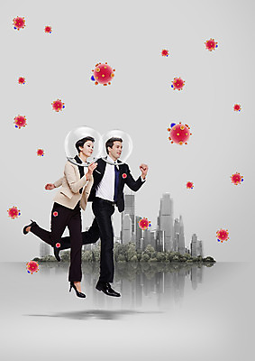 전신 PSD 서양인 편집이미지 여자 남자 의학 정장 성인 두명 옆모습 달리기 바이러스 박테리아 성인만 이미지편집 외국인 옷 뷰포인트 모션 사람 파일형식