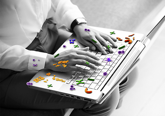 PSD 편집이미지 손 의학 한명 노트북 업무 바이러스 박테리아 세균감염 이미지편집 1 사람 신체부위 전자제품 작업 감염 파일형식