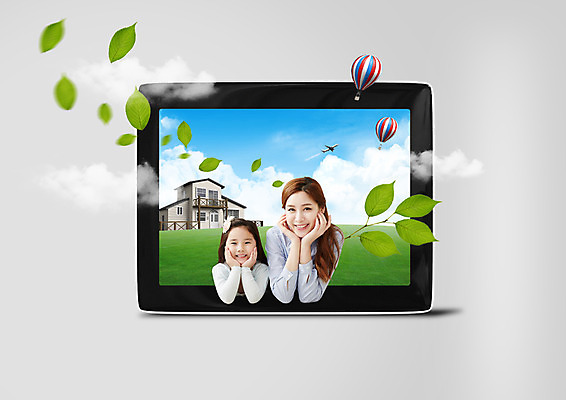 PSD 편집이미지 여자 딸 어린이 가족 엄마 나뭇잎 미소 상반신 성인 두명 앞모습 태블릿 턱괴기 열기구 여자만 이미지편집 뷰포인트 잎 관계 항공교통 모션 표정 사람 전자제품 스마트기기 파일형식