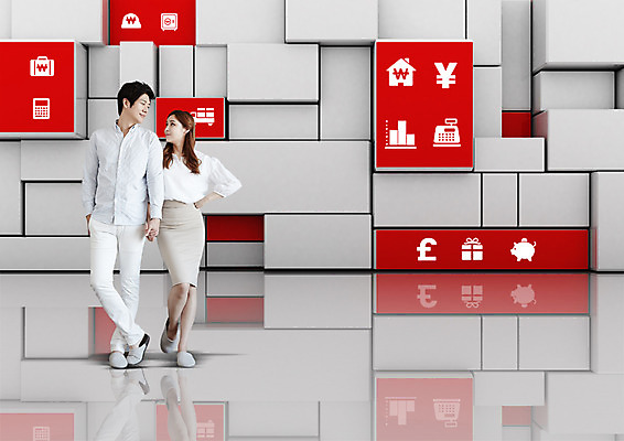 전신 PSD 편집이미지 부부 커플 여자 남자 부동산 서기 성인 두명 앞모습 빨간색 마주보기 사각형 손잡기 블록 한국인 이미지편집 도형 뷰포인트 컬러 관계 모션 사람 동양인 재산 파일형식