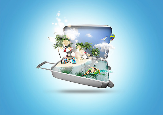 PSD 외국인 편집이미지 여자 남자 어린이 여행 여러명 성인 해변 여름휴가 바캉스 야자수 여행가방 이미지편집 나무 바다 다수 가방 휴가 사람 인종 파일형식 여름_계절