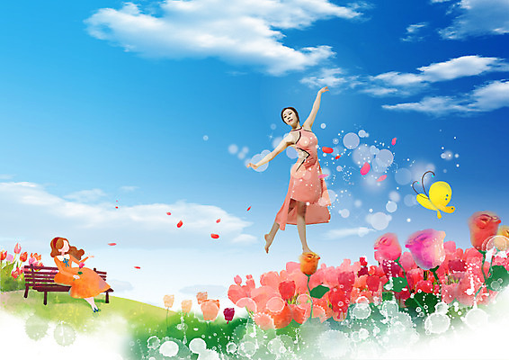 전신 PSD 구름 편집이미지 여자 꽃 나비 꽃밭 하늘 앉기 성인 두명 앞모습 점프 한국인 춤 이미지편집 자연요소 식물 뷰포인트 곤충 모션 문화예술 사람 동양인 파일형식