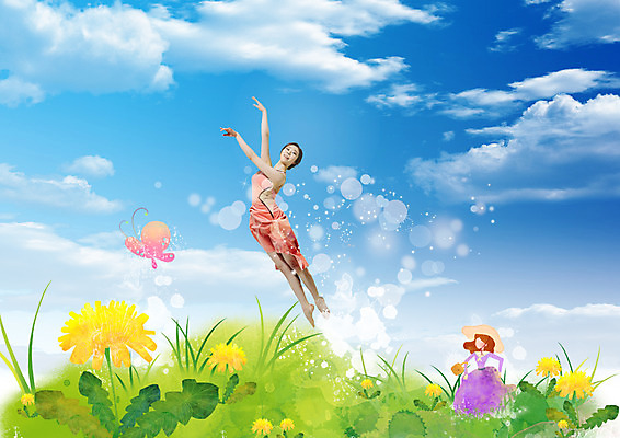 전신 PSD 구름 편집이미지 여자 꽃 나비 꽃밭 하늘 성인 두명 앞모습 점프 한국인 춤 이미지편집 자연요소 식물 뷰포인트 곤충 모션 문화예술 사람 동양인 파일형식