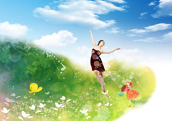 전신 PSD 구름 편집이미지 여자 꽃 나비 꽃밭 하늘 서기 성인 두명 앞모습 한국인 춤 이미지편집 자연요소 식물 뷰포인트 곤충 모션 문화예술 사람 동양인 파일형식