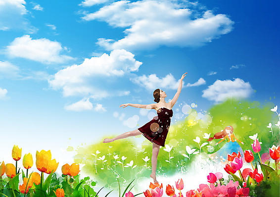 전신 PSD 구름 편집이미지 여자 꽃 꽃밭 하늘 서기 성인 두명 앞모습 한국인 춤 이미지편집 자연요소 식물 뷰포인트 모션 문화예술 사람 동양인 파일형식