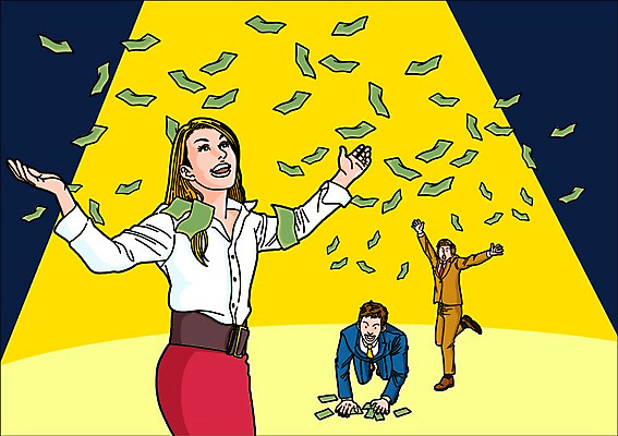 PSD 우먼라이프 여자 남자 돈 일러스트 비즈니스 정장 성인 세명 기쁨 비즈니스맨 비즈니스우먼 국내일러스트 라이프스타일 옷 감정 사람 직장인 재산 파일형식