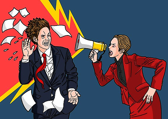 PSD 우먼라이프 여자 남자 종이 일러스트 비즈니스 성인 두명 확성기 외침 비즈니스맨 비즈니스우먼 국내일러스트 라이프스타일 사람 소리 직장인 파일형식