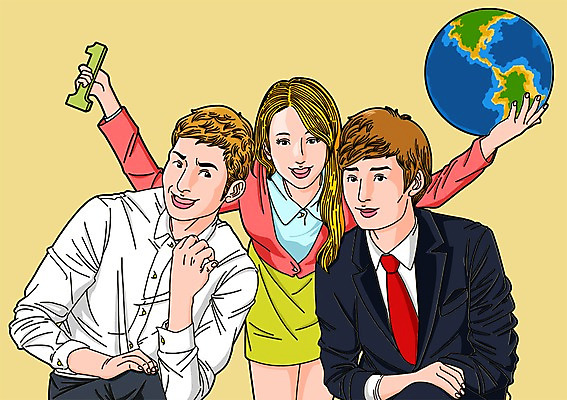 PSD 우먼라이프 여자 남자 일러스트 비즈니스 정장 성인 세명 비즈니스맨 비즈니스우먼 지구모양 국내일러스트 모양 라이프스타일 옷 지구 사람 직장인 파일형식