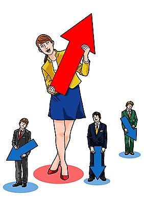 PSD 우먼라이프 여자 남자 화살표 일러스트 비즈니스 정장 여러명 성인 비즈니스맨 비즈니스우먼 하락 상승 국내일러스트 라이프스타일 옷 다수 컨셉 사람 직장인 파일형식