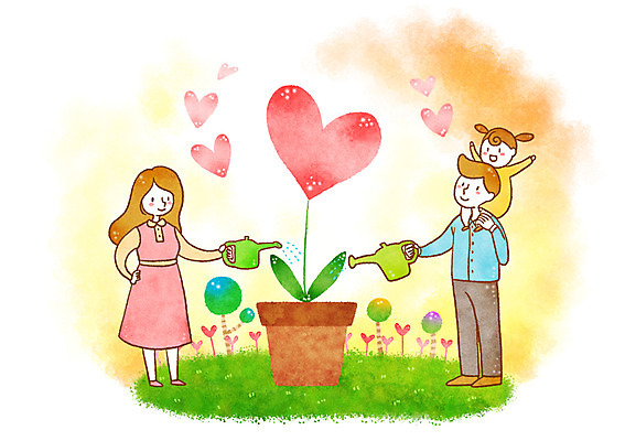 PSD 여자 남자 화분 어린이 일러스트 가족 사랑 성인 세명 희망 물뿌리개 하트 목말 물주기 국내일러스트 모양 감정 관계 모션 사람 파일형식