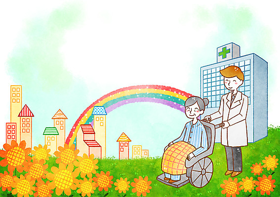 PSD 여자 남자 꽃 무지개 일러스트 주택 병원 성인 두명 희망 환자 의사 휠체어 노인만 국내일러스트 자연요소 식물 감정 의학 사람 건물 의료진 성인만 파일형식