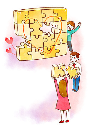 PSD 여자 남자 조각 일러스트 성인 세명 희망 하트 퍼즐 국내일러스트 모양 감정 사람 파일형식