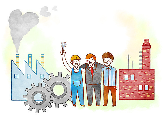 PSD 여자 남자 일러스트 공장 어깨동무 노동자 성인 세명 희망 스패너 연기 안전모 톱니바퀴 국내일러스트 직업 감정 포즈 공업 사람 공구 헬멧 안전장비 파일형식