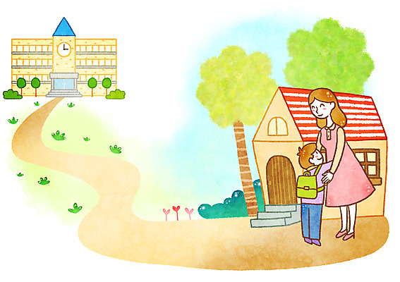 PSD 나무 여자 남자 아들 어린이 가방 일러스트 학교 안기 엄마 거리 주택 성인 두명 희망 등교 국내일러스트 식물 잡화 교육 감정 가족 모션 사람 건물 등하교 파일형식