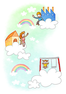 PSD 구름 여자 남자 어린이 무지개 일러스트 공장 가족 주택 성인 세명 희망 그네 국내일러스트 자연요소 감정 공업 관계 사람 건물 파일형식