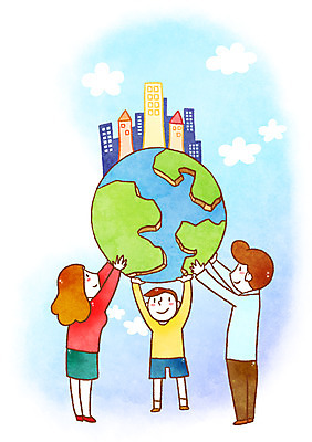 PSD 구름 여자 남자 어린이 일러스트 가족 빌딩 성인 세명 희망 지구모양 들어올리기 국내일러스트 자연요소 모양 감정 지구 관계 모션 사람 건물 파일형식