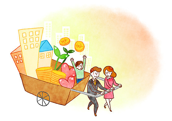 PSD 여자 남자 어린이 일러스트 가족 빌딩 성인 세명 새싹 동전 희망 수레 하트 국내일러스트 모양 식물 감정 돈 관계 사람 건물 카트 파일형식