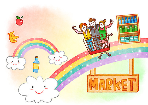 PSD 구름 여자 남자 무지개 일러스트 어깨동무 바나나 성인 세명 희망 카트 사과 진열장 슈퍼마켓 국내일러스트 자연요소 감정 포즈 과일 사람 상점 파일형식