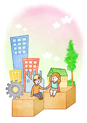 PSD 나무 구름 여자 남자 일러스트 공장 주택 빌딩 성인 두명 손잡기 희망 안전모 톱니바퀴 국내일러스트 자연요소 식물 감정 공업 모션 사람 건물 헬멧 안전장비 파일형식