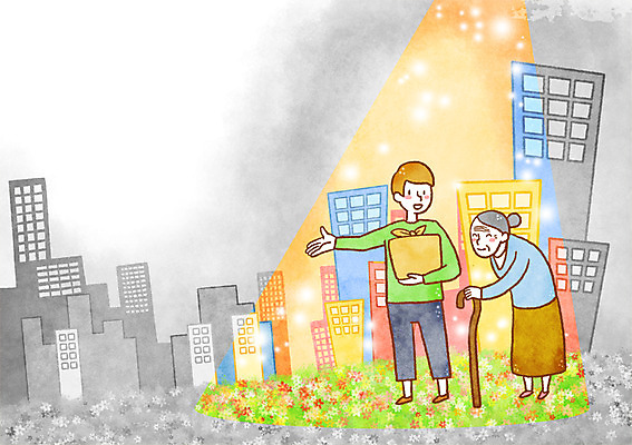 PSD 여자 노년 남자 꽃 꽃밭 일러스트 지팡이 조명 빌딩 성인 두명 희망 짐 도움 국내일러스트 식물 감정 컨셉 사람 건물 파일형식