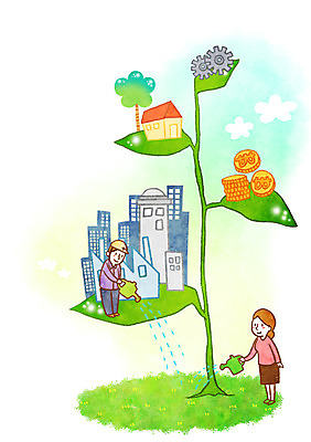 PSD 식물 구름 여자 남자 일러스트 공장 주택 빌딩 성인 두명 동전 희망 물뿌리개 물주기 톱니바퀴 국내일러스트 자연요소 감정 돈 공업 모션 사람 건물 파일형식