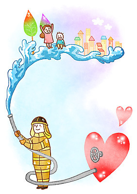 PSD 나무 구름 여자 남자 어린이 일러스트 주택 성인 세명 물 희망 하트 소방관 소방 소방관모자 소방호스 국내일러스트 자연요소 모양 식물 모자_잡화 감정 사람 건물 구조원 호스 파일형식