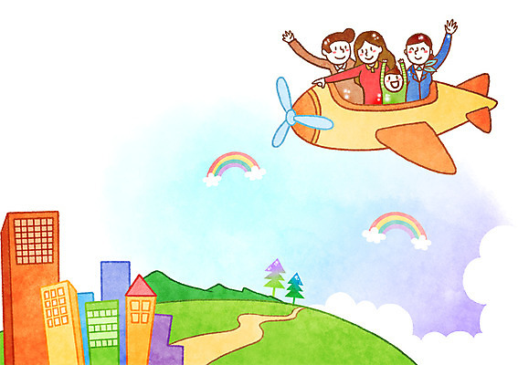 PSD 나무 구름 여자 남자 어린이 무지개 일러스트 산 빌딩 여러명 성인 희망 비행 승무원 국내일러스트 자연요소 식물 직업 감정 다수 사람 건물 파일형식