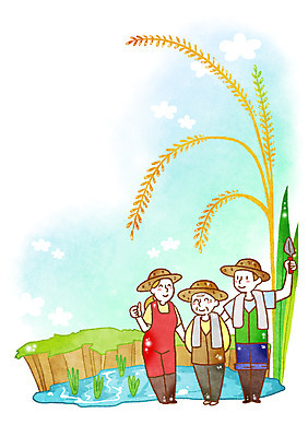 PSD 구름 모자 여자 노년 남자 농업 일러스트 성인 세명 희망 벼 농부 모종삽 모내기 국내일러스트 자연요소 직업 잡화 감정 산업 곡류 사람 삽 파일형식