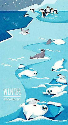PSD 동물 바다 백그라운드 겨울 일러스트 조류 사람없음 야외 눈 펭귄 빙하 자연물 하프물범 겨울배경 국내일러스트 자연요소 계절 포유류 자연 날씨 파일형식
