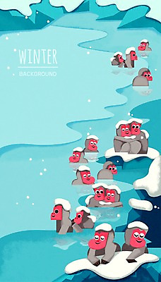PSD 동물 백그라운드 겨울 일러스트 사람없음 야외 온천 돌_바위 원숭이 눈 자연물 겨울배경 국내일러스트 자연요소 계절 포유류 자연 날씨 스파 파일형식