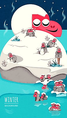 PSD 동물 백그라운드 겨울 일러스트 사람없음 야외 온천 돌_바위 원숭이 눈 풀잎 자연물 겨울배경 국내일러스트 자연요소 계절 잎 포유류 자연 날씨 스파 풀_식물 파일형식