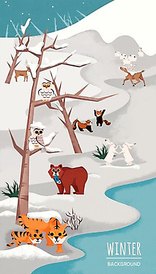 PSD 나무 동물 호수 백그라운드 겨울 일러스트 곰 사슴 어류 사람없음 야외 눈 토끼 호랑이 펭귄 부엉이 레서판다 자연물 겨울배경 국내일러스트 자연요소 식물 계절 포유류 자연 조류 날씨 반려동물 수중동물 파일형식