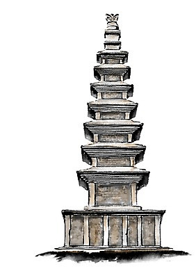 PSD 고건축 한국건축 일러스트 캘리그라피 수묵화 사람없음 석탑 7층석탑 국내일러스트 건축물 건축 미술 탑 파일형식