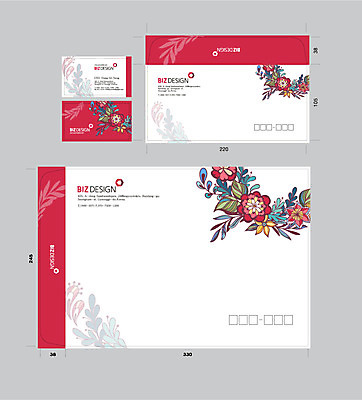 템플릿 문양 꽃 무늬 명함 서류봉투 편지봉투 사람없음 빨간색 세트 컬러풀 패키지 봉투템플릿 우편봉투 비즈디자인 이미지템플릿 AI파일 식물 컬러 봉투 편지 우편물 파일형식 벡터
