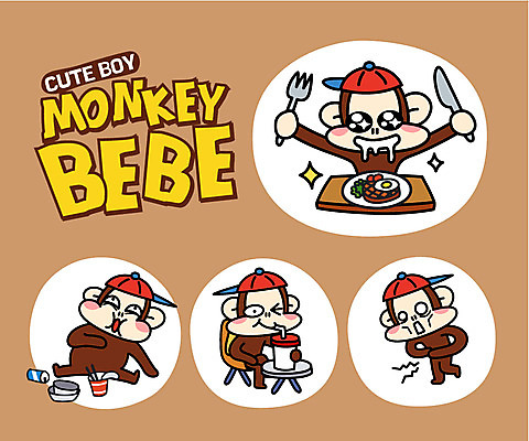 캐릭터 모자 음식 포크 스티커 여러마리 일러스트 사람없음 세트 원숭이띠 원숭이 나이프 배고픔 원숭이캐릭터 일러캐릭터 AI파일 식기 잡화 동물캐릭터 다수 포유류 십이지신 칼 파일형식 벡터