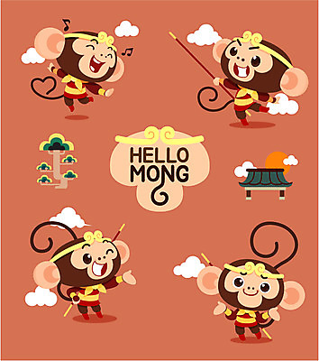 나무 구름 캐릭터 음표 여러마리 일러스트 사람없음 세트 태양 원숭이띠 원숭이 막대기 원숭이캐릭터 손오공 일러캐릭터 AI파일 자연요소 식물 기호 음악 동물캐릭터 다수 포유류 십이지신 파일형식 벡터