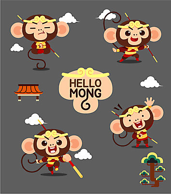 나무 구름 캐릭터 여러마리 일러스트 사람없음 세트 원숭이띠 원숭이 막대기 원숭이캐릭터 손오공 일러캐릭터 AI파일 자연요소 식물 동물캐릭터 다수 포유류 십이지신 파일형식 벡터